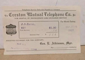 1917 Creston Mutual Telephone Co Creston Ia Mgr Atkinson Pay Receipt J. B. Harsh - Picture 1 of 6