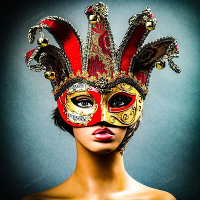 Jester Joker Costume Venetian Half Face Masquerade Party Mask with Bells Gold - Image 1 of 4