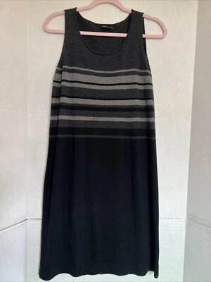 EILEEN FISHER 100% Merino Wool Dress Black S Sleeveless Shift Gray Stripe 35” C - Image 1 of 3