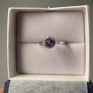 Natural Round Amethyst Halo Design Ring Size 7.25 925 In Sterling Silver - Picture 1 of 13