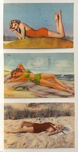 LOTE DE 3 POSTALES DE LINO DE BELLEZA DE BAÑO DE FLORIDA ~ 1940’s ~ Mujeres sexys en playa de arena - Imagen 1 de 5
