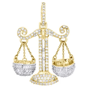 10K Yellow Gold Round & Baguette Diamond Libra Scale Pendant 1.35" Charm 1.60 CT - Picture 1 of 6