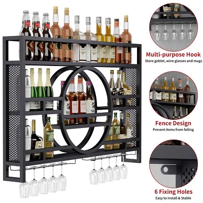 Gabinete de estante de vino montado en la pared de 3 niveles barra flotante estante de licor con soporte de vidrio Foto 1 de 4