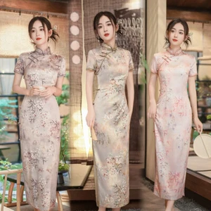 Mujeres Seda Qipao Vestido con Revestimiento Chino Verano Largo Cheongsam Vestidos de Noche - Imagen 1 de 9