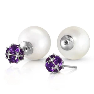 14K. SOLID GOLD TRIBAL DOUBLE SHELL PEARLS AND AMETHYSTS STUD EARRINGS (White G) - Picture 1 of 4