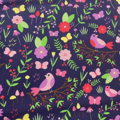 Patchwork Navy Bird Fabric 100% Cotton 45" wide sold by meter - Image 1 of 4