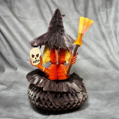 Vintage Halloween Witch Caldron Pot Paper Honeycomb Broom Skull Decor - Image 1 of 4
