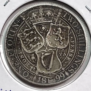 1899 Great Britain Florin Two Shillings Silver World Coin VF Details .925 Silver - Picture 1 of 4