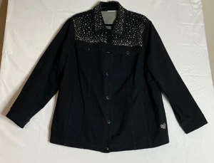 Quacker Factory Womens 2X Black Embellished Denim Jacket Pockets Stretch Preppy - Picture 1 of 10