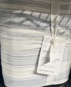 New Pottery Barn Hawthorn Striped Cotton King Cal King Duvet & 2 Euro Shams Blue - Picture 1 of 3