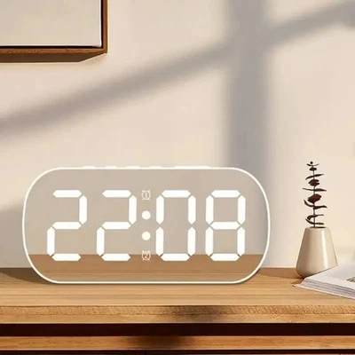 LED Electric Digital Alarm Clock Mains Power Mirror Display Bedroom Bedside UK - Image 1 of 4