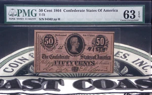 1864 Confederate States of America 50c CSA T-72 PMG 63 EPQ #012 CU ECC&C, Inc. - Picture 1 of 5