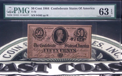 1864 Confederate States of America 50c CSA T-72 PMG 63 EPQ #012 CU ECC&C, Inc. - Image 1 of 4