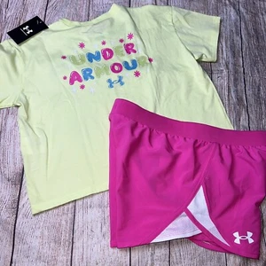 Under Armour Youth Large (14/16) Yellow Crop Shirt Shorts Pink Outfit Set NEW - Picture 1 of 2