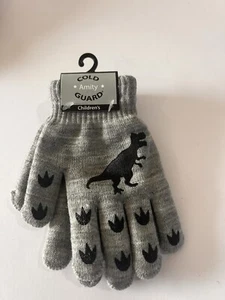 Amity Cold Guard Boys Dinosaur Black & Gray Fashion Knit Gloves 5.5” New - Picture 1 of 3
