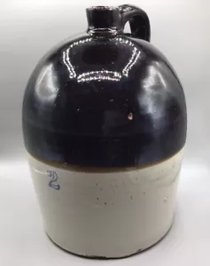 CRUCHE ANTIQUE EN GRÈS PRIMITIF 2 GALLONS AVEC POIGNÉE 2 tons 10" dia 14' de haut - Photo 1 sur 9