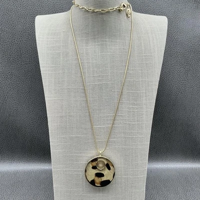 Chico's Leopard Print Donut Pendant Necklace Gold Tone Snake Chain Adjustable - Image 1 of 4