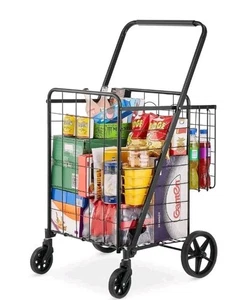 VEVOR Folding Shopping Cart, Jumbo Grocery Utility Cart with Double Baskets, 360 - Picture 1 of 4