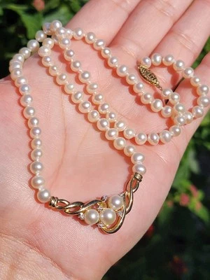 Alwand Vahan 10k Yellow Solid Gold Genuine Diamonds & Pearl Necklace - Image 1 of 4