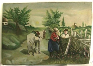 Vintage alte Hand Ölgemälde auf Leinwand Holz KOZAK UND KOZACHKA UDSSR UKRAINE - Bild 1 von 8