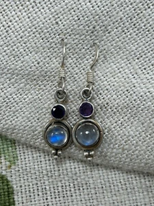 VINTAGE pair 925 SILVER and MOONSTONE and AMETHYST drop earrings - Picture 1 of 12