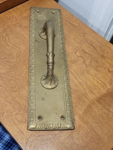 Large single Brass reclaimed vintage old Door Handle Pull 14" x 3.5" Plate Cover