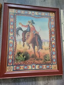 New Home Interiors Framed Art Print JOAN COLE Bucking Bronco Cowboy Horse Ranch - Picture 1 of 7
