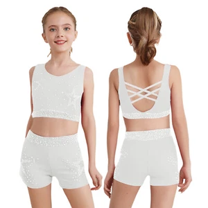 Kids Girls Outfit Figure Ice Skating Suit Running Set With Shorts Athletic 2Pcs - Picture 1 of 48