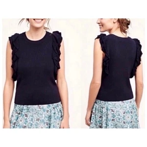 Anthropologie Deletta Women’s Sz M Black Ruffle Top Textured Tank Clemente - Picture 1 of 9