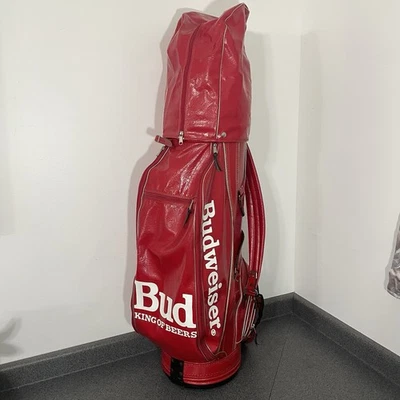 Bolsa de golf Budweiser de cuero rojo de colección 5 bolsillos capucha para lluvia N2596-2 5A94 logotipo grande de EE. UU. Foto 1 de 4