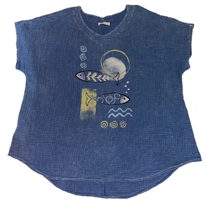 Neu ohne Etikett Jess Jane blau Fisch Shirt Gaze Baumwolle Boho Top 2x - Bild 1 von 5
