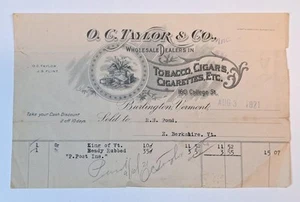 Burlington Vermont O. C. Taylor & Co. 1921 cigarrillos de tabaco recibo - Imagen 1 de 2