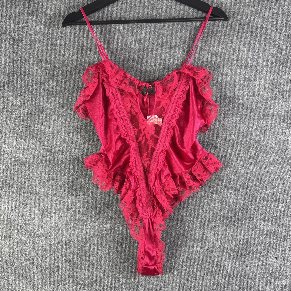 VTG 70s Delicates Satin Teddy Womens S Lingerie Pink Frilly Lace See-Through USA - Image 1 of 4