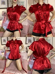 HIGH GLOSS LIQUID SATIN Secretary GOVERNESS Mistress Sexy Ruffle Neck Blouse - Picture 1 of 24