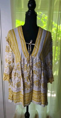 Blusa campesina Rachel Zoe amarilla floral con volantes cuello en V pequeña para mujer nueva con etiquetas Foto 1 de 4