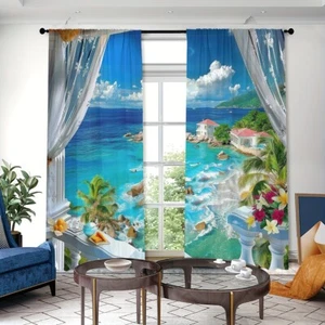 2pcs Tropical Beach Balcony Scenery Pattern Window Curtains Bedroom Living Room - Picture 1 of 11
