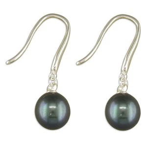 Negro Perla de Agua Dulce Hook-In Pendientes Plata Maciza de Ley 925 Contraste - Imagen 1 de 3