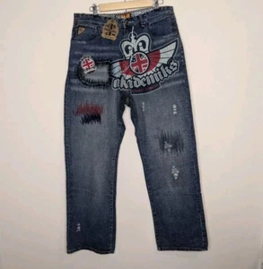 Vtg Y2K Streetwear Jeans 34x33 Akademiks Unseen Forces Patch Print Distressed - Picture 1 of 11