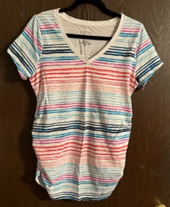 A:Glow Women's Maternity Striped Cap Sleeve V Neck Ruched Tee - Large - Picture 1 of 2