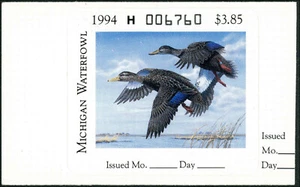 MICHIGAN  #19V  1994 STATE DUCK STAMP $ FLAW POSITION 10 by David Bollam - Picture 1 of 1