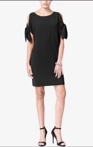 Bar III Cold Shoulder Shift Dress Stretch Bow Black L NWOT - Picture 1 of 7