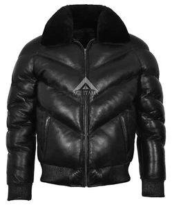 Men's Ace Puffer Leather Jacket Black Sheepskin Soft Collar WARM Bomber Jacket - Picture 1 of 5
