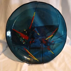 Art Glass Platter Tray LEC 14" Round Blue with Fused Red and Yellow Accents - Bild 1 von 5