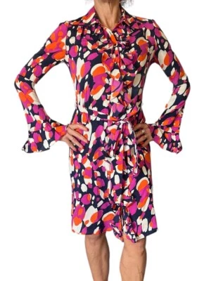 Y2K DIANE VON FURSTENBERG DVF CAMISA CON VOLANTES VESTIDO CINTURÓN MANGA LARGA CAMPANA SEDA 4 Foto 1 de 4