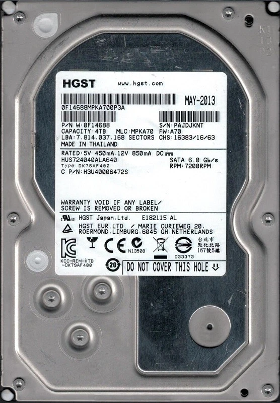 HUS724040ALA640 P/N: 0F14688 MLC: MPKA70 HGST 4TB - Image 1 of 1