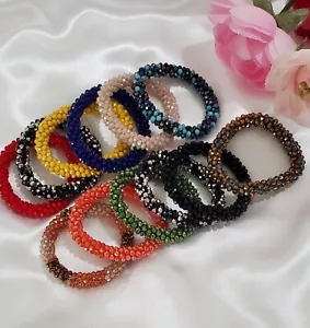 Bracciale fatto a mano con perline in vetro Nepal - bracciale elastico in cristallo all'uncinetto gioielli - Foto 1 di 30