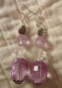 Artist Made Earrings Celliolloid Vintage Lavender Beads W Leaf 925ss Hooks - Picture 1 of 2