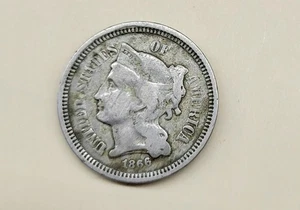 1866 Philadelphia Mint Three Cent Coin Ungraded - Picture 1 of 6