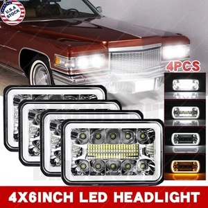 4PCS 4X6" LED Headlights Amber Halo Fit For Cadillac Fleetwood DeVille 1975-1986 - Picture 1 of 15