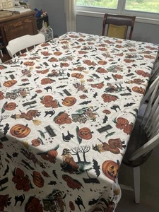 Primitive Halloween Tablecloth Rectangle 100% Cotton Witch Pumpkin Bat 100” X58” - Picture 1 of 8